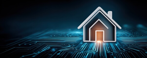 Digital house icon over circuit board background representing smart home technology and innovation