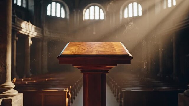 Podium in dimly lit church hall bathed by warm sunbeams over carved wooden lectern