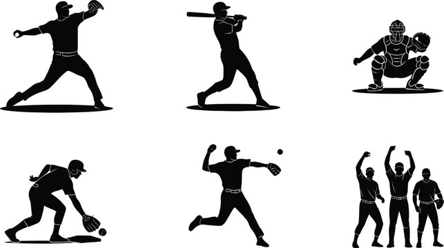 A collection of black silhouettes depicting various baseball player actions during a game