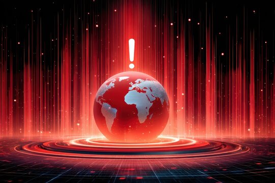 Digital globe with red holographic exclamation mark signaling global warning and futuristic technology - Powered by Adobe