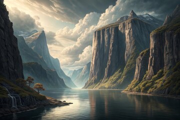 Dramatic steep fjords with towering cliffs plunging into calm water under a cloudy sky