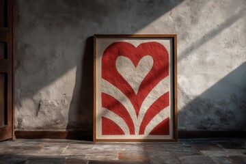 Abstract red and white framed poster leaning against a wall beside a potted plant in a moody interior scene