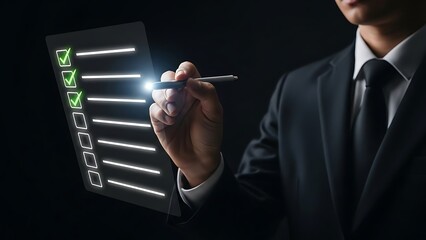 Businessman in dark suit using stylus pen to check glowing green digital checklist
