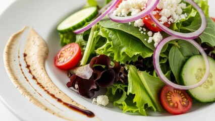 Fresh Garden Salad with Feta Cheese, Red Onion, and Creamy Dressing