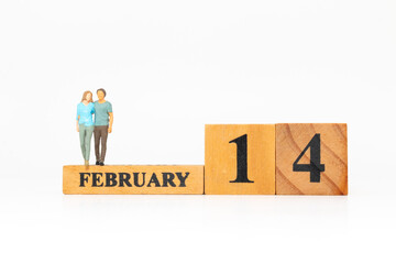 Miniature Couple Standing on February 14 Valentine&rsquo;s Day Blocks