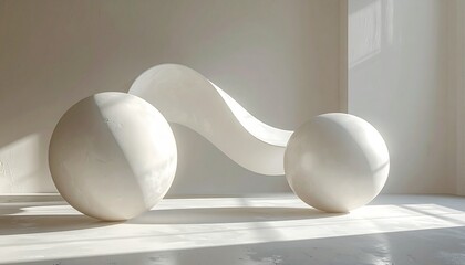Two white spheres and a wavy surface on a minimalist floor viewed from the side with soft natural light