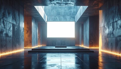 Futuristic room with glowing lights and sleek architecture illuminated from above