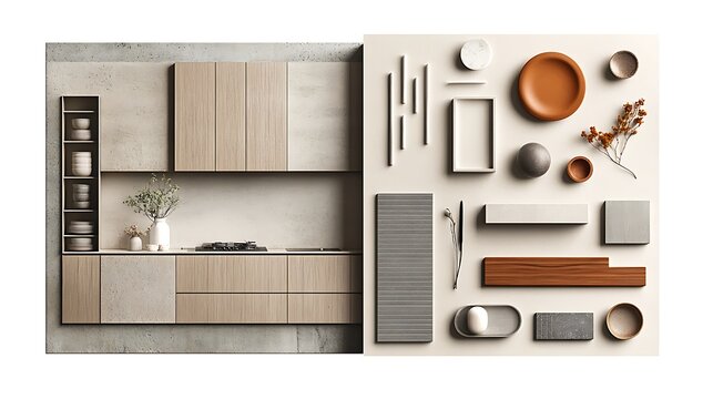 Elevated interior design showcases minimalist kitchen alongside material palette