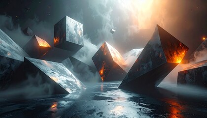Mysterious geometric structures rise from a foggy, icy landscape under a dark, dramatic sky with fiery reflections on icy waters