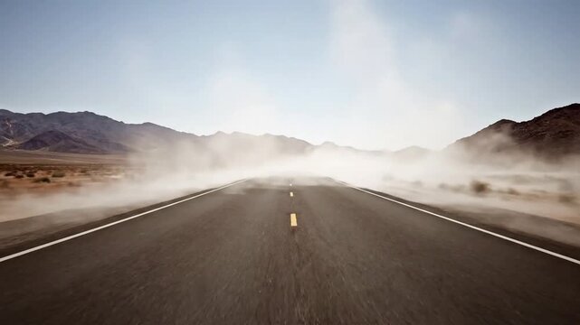 Desert Highway Mirage Wide shot looking down a long, empty asphalt road in extreme heat, with distant mountains shimmering intensely.
