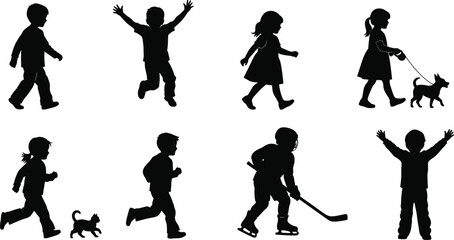 Obraz premium Children silhouettes set showing kids playing running walking dog and hockey activities isolated on white vector illustration design