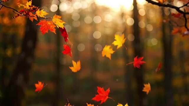 Slow-motion descent of single autumn leaves Macro, eye-level, following a leaf's journey