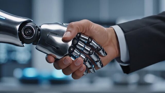 Robot Handshake in Futuristic Setting with Metallic Finish and Soft Lighting for Technology Advertising
