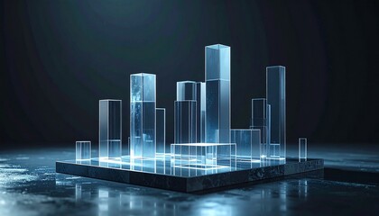 A 3D rendering of futuristic cityscape with glowing blue bars on a dark platform