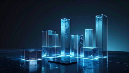 Glowing blue glass cubes arranged in a futuristic display on a reflective surface with a dark background and neon lighting