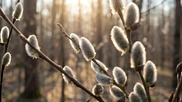 Close-up of fluffy pussy willow branches in spring forest with warm backlit sunlight and bokeh