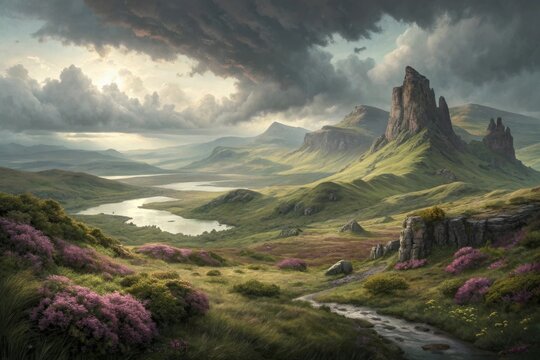 Misty Scottish Highlands with Heather Covered Moor and Dramatic Mountain Peaks