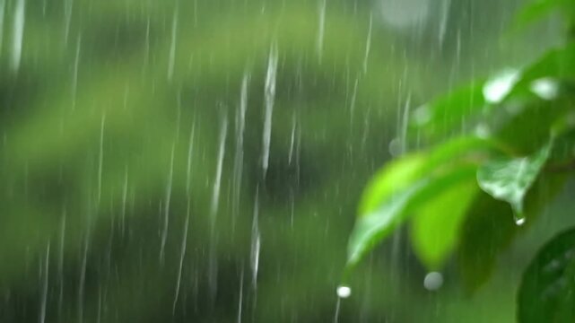 Macro view of falling rain Detailed, slow-motion capture of individual drizzle threads against a blurred natural background.