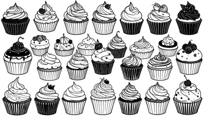 Many sketched cupcakes with varying toppings in rows, showcasing diverse frosting and fruit combinations