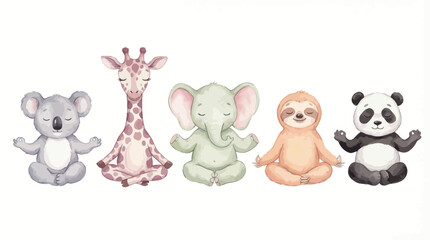 Fototapeta premium Watercolor illustration of cute koala, giraffe, elephant, sloth and panda sitting in meditation pose, concept for kids yoga poster, nursery decor and mindfulness education