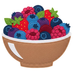 Bowl of mixed felt berries and raspberries with green leaves on transparent background