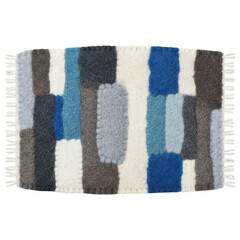 Abstract patterned felt rug with blue and brown patchwork design on transparent background