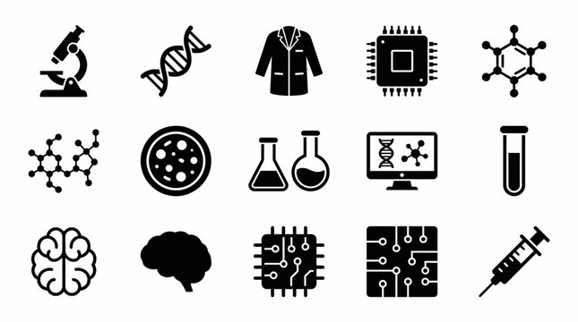 Collection of glyph icons showing biology, chemistry and tech elements including DNA, microscope, lab coat and microchips, concept for medical research, digital computing and science education