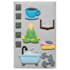 Felt daily routine planner with coffee and bathtub yoga on transparent background