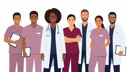 Diverse multiethnic team of healthcare professionals in scrubs and lab coats standing together, concept for hospital management, medical advertising and healthcare recruiting