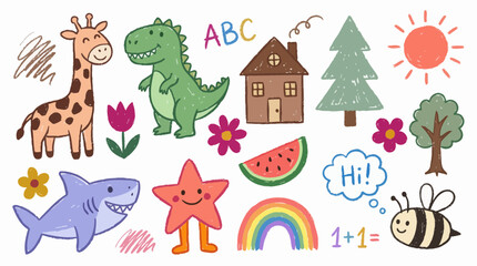 Fototapeta premium Cute crayon-style vector doodles featuring animals, house, trees, rainbow and alphabet symbols, concept for children's posters, classroom decoration and early learning presentations