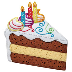 Felt birthday cake slice with candles and frosting on transparent background
