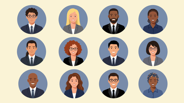 Twelve diverse smiling professional avatars of business people, executives and office staff, concept for staff directory, professional identity and corporate branding