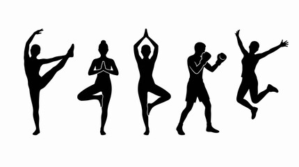 Black silhouettes of diverse athletes performing yoga, boxing and dynamic fitness exercises, concept for gym marketing, wellness campaigns and sports training graphics