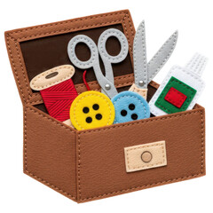 Felt sewing kit box with scissors, thread, buttons, and glue on transparent background