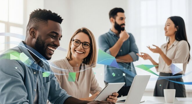 Diverse group of professionals collaborating in a modern office with abstract data graphics - Powered by Adobe