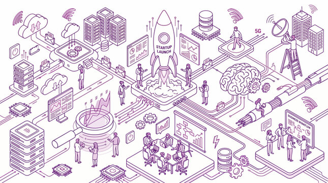 Isometric line art of tech network, servers, AI and business startup workflow with rocket launch, concept for digital transformation, global connectivity and artificial intelligence solution