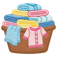 Laundry basket filled with colorful folded clothes on transparent background