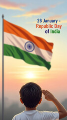 Republic Day of India Illustration &ndash; Child Saluting National Flag at Sunrise in Soft Pastel Color