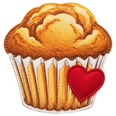 Appetizing muffin with a small red heart, baked goods treat felt craft on transparent background