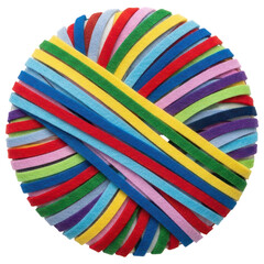 Vibrant and colorful yarn ball made of felt strips for craft projects on transparent background