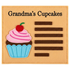 Grandmas Cupcakes recipe card with felt cupcake and cherry on transparent background