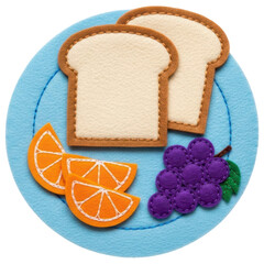 Felt breakfast plate with toast, orange slices, and grapes on transparent background