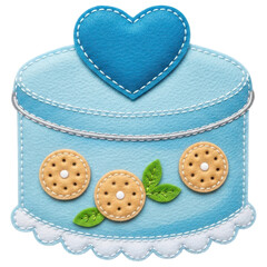 Blue cake shaped felt craft with heart and cookies on transparent background
