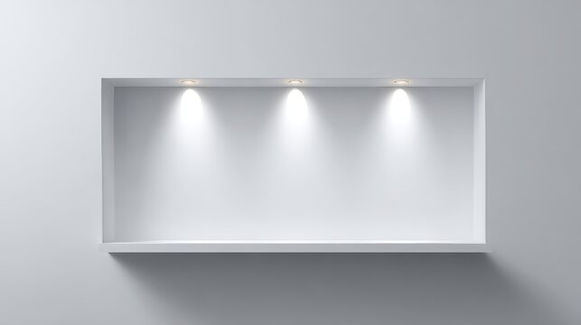 A realistic vector illustration of a long, square recessed niche box shelf on a white wall with built-in spotlights, creating a clean and modern display area with focused lighting