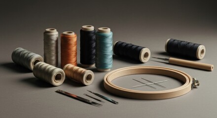 Still life of colorful spools of thread, embroidery hoop, needles, and tools on gray