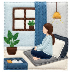 Quiet felt woman meditating in room with plant by window on transparent background