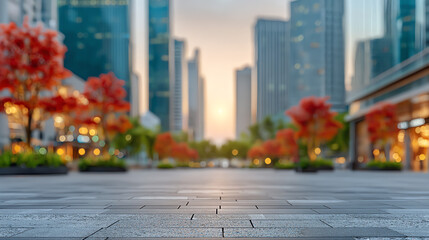 Obraz premium A serene view of a modern urban plaza lined with vibrant autumn trees and tall skyline during sunset, creating a tranquil atmosphere.