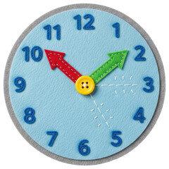 Educational clock with colorful felt numbers and hands on transparent background