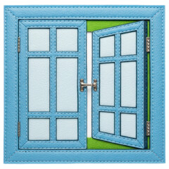 Blue felt window frame with one open pane on transparent background