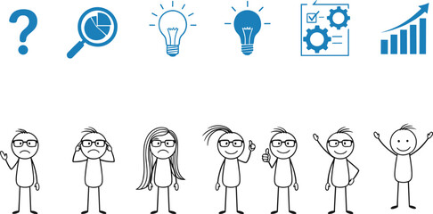 Fototapeta premium Business idea development illustration showing problem solving, research, innovation, planning, growth, and successful team concept progression